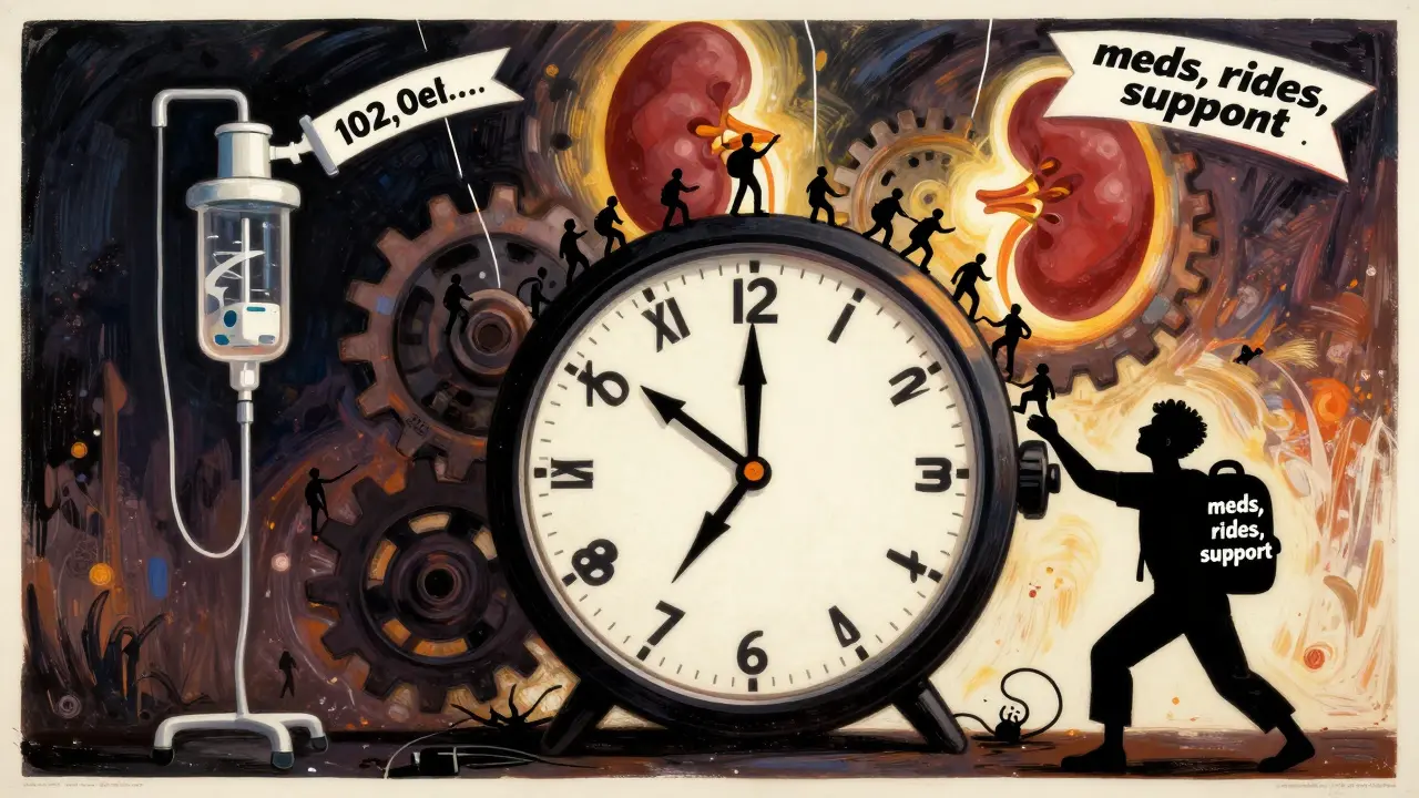 Giant dialysis-shaped clock with thousands climbing toward a kidney, some falling due to systemic barriers.