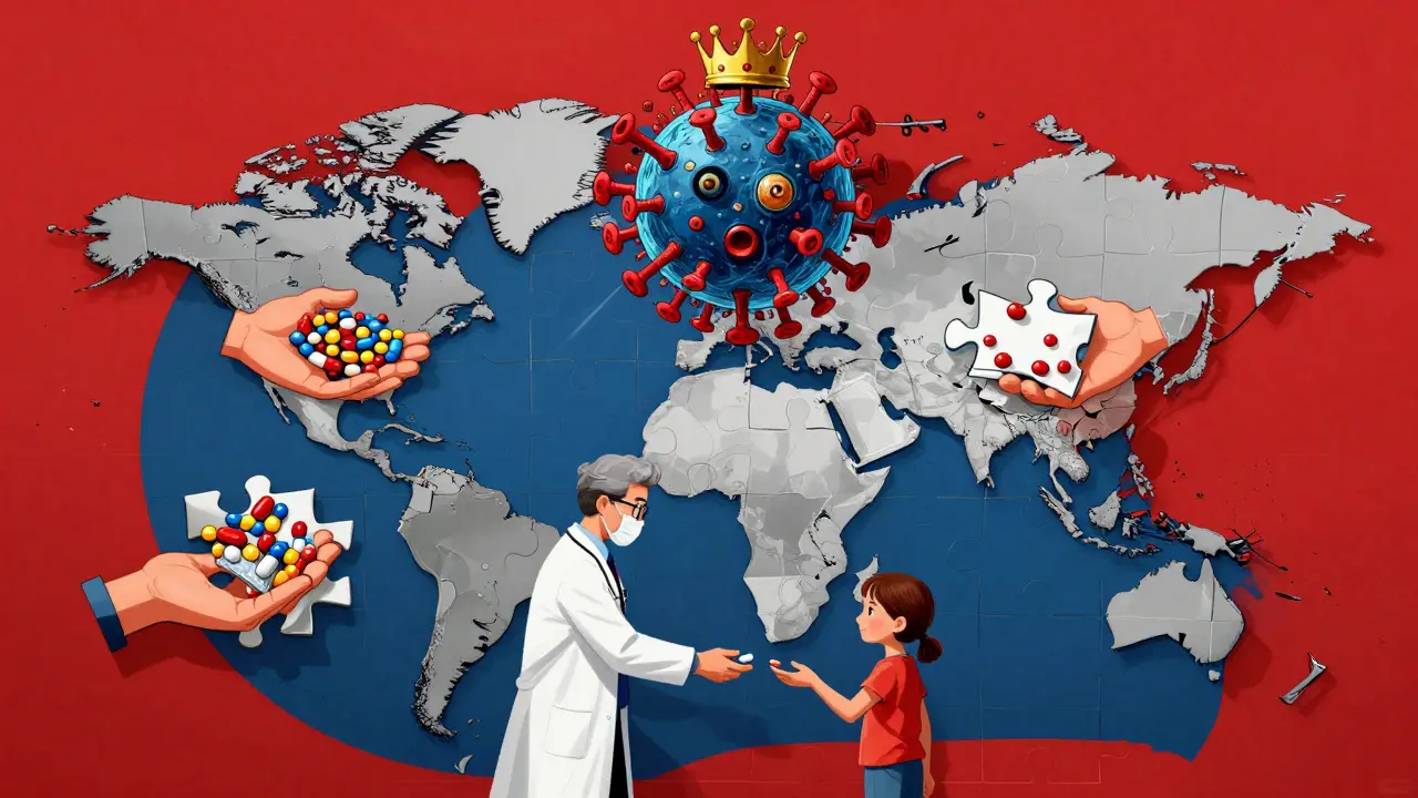Global map showing antiviral access inequality, with a doctor handing a pill across a divide.
