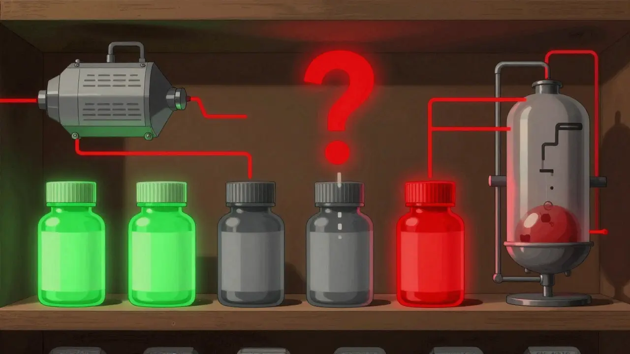 Identical pill bottles glowing in different colors, connected to abstract manufacturing machines by red lines.