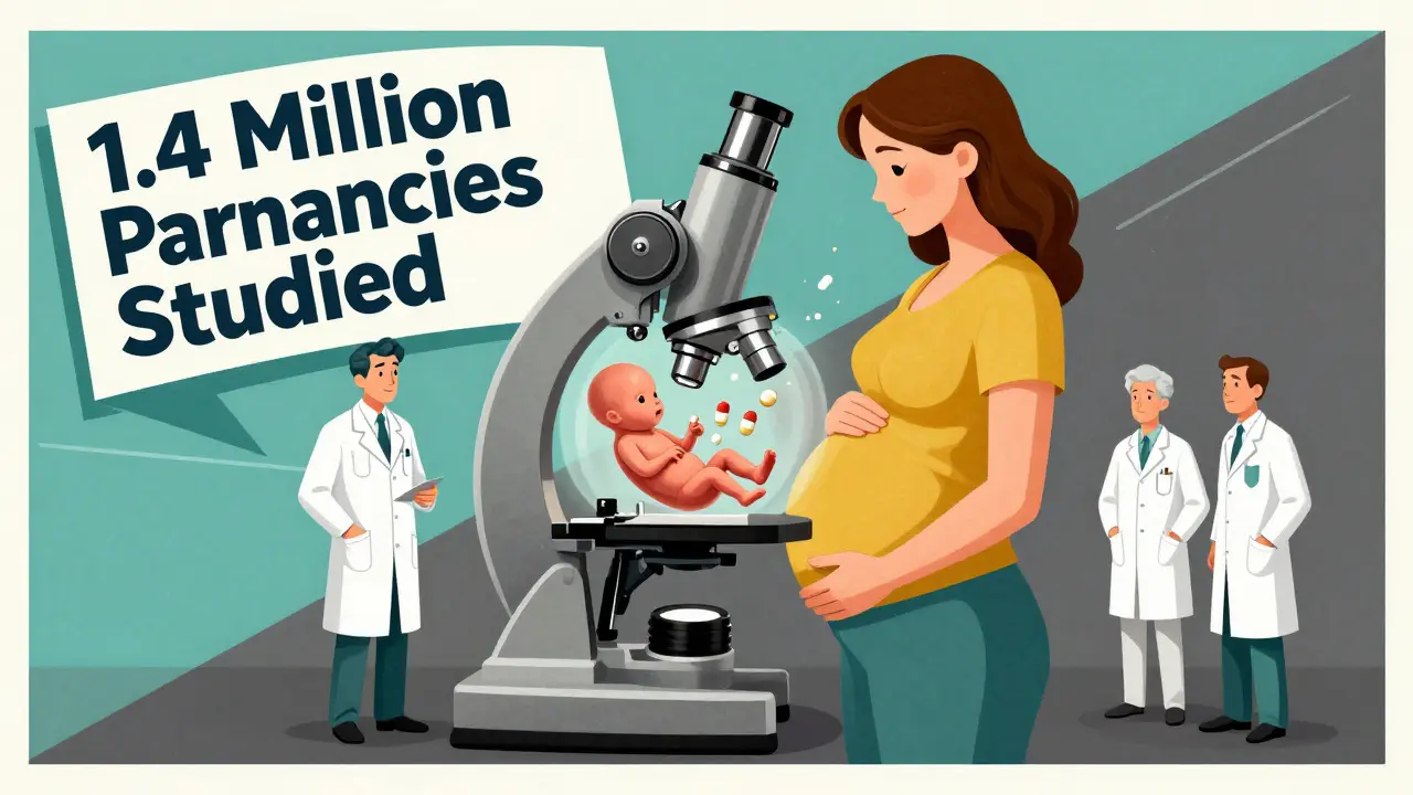 Microscope view of a fetus with statin molecules dissolving, doctors debating on either side in stylized poster art.