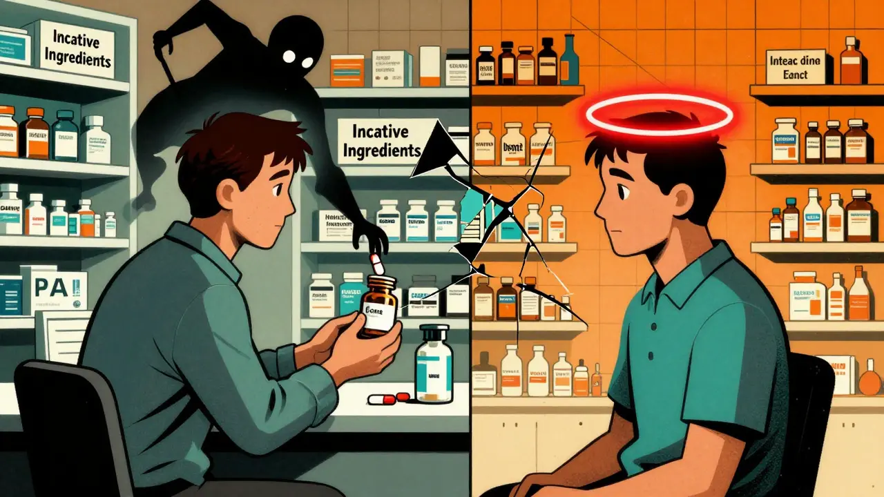 Patient receiving generic medication with shadowy 'inactive ingredients' emerging, contrasted with a returning patient under alert halo.