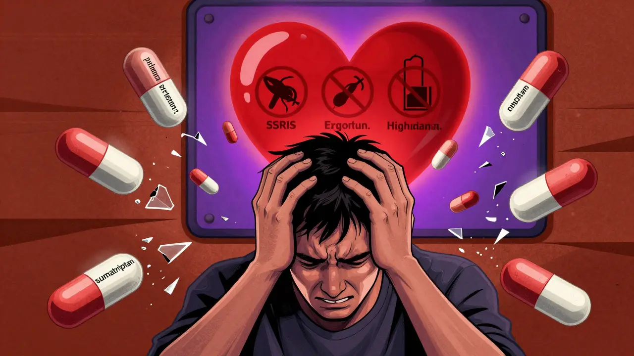 Person in pain surrounded by shattered triptan pills and warning icons for heart and drug interactions