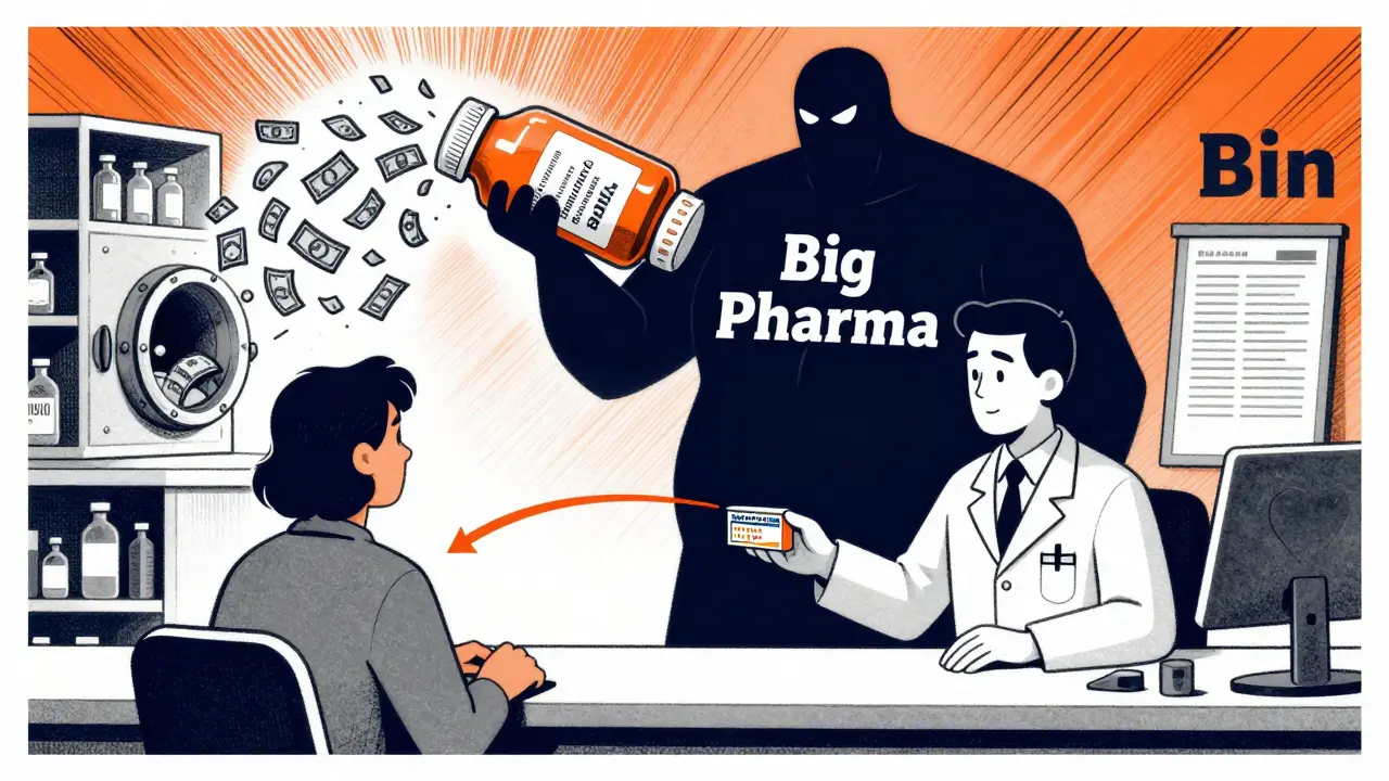Pharmacist gives patient a low-cost pill while Big Pharma hoards cash behind them.