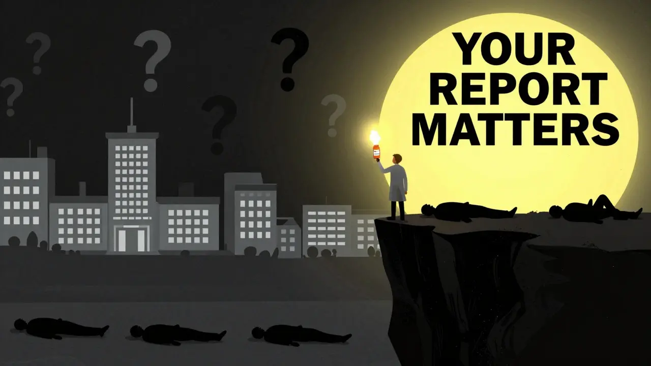 Pharmacist holding a pill bottle like a torch on a cliff, patients falling below in shadow.