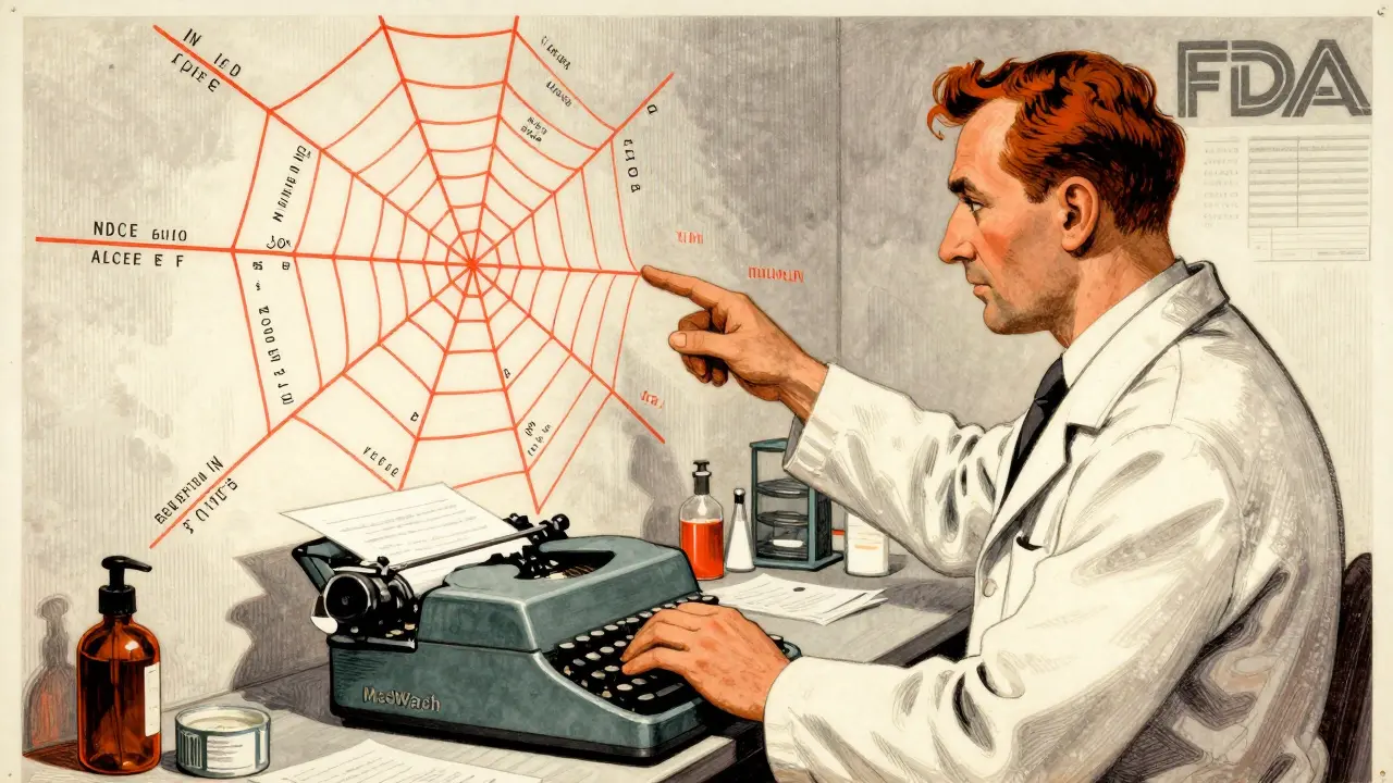Pharmacist mapping patient reactions with red threads connecting NDC codes and drug names on a wall.