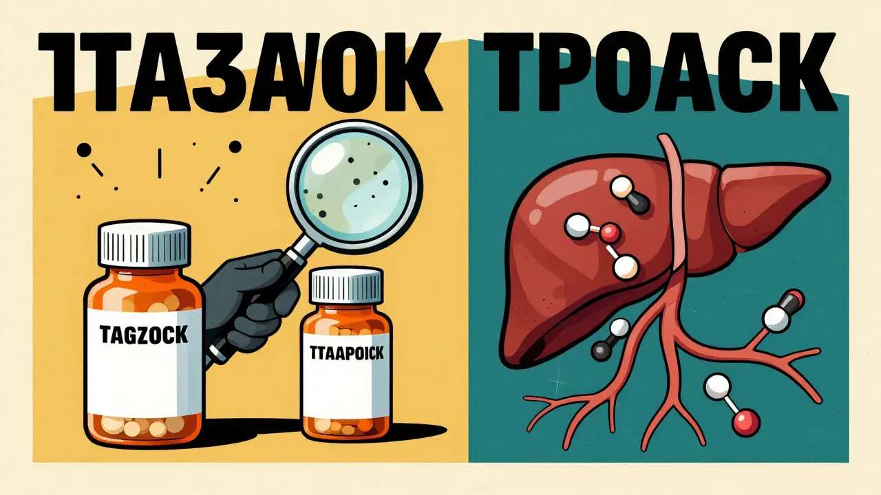Pharmacist using a magnifying glass to compare pill bottles, with excipients and drug interactions shown in split view.