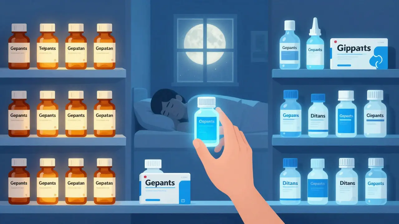 Pharmacy shelf contrasting triptans with newer migraine treatments, hand choosing a calming blue option