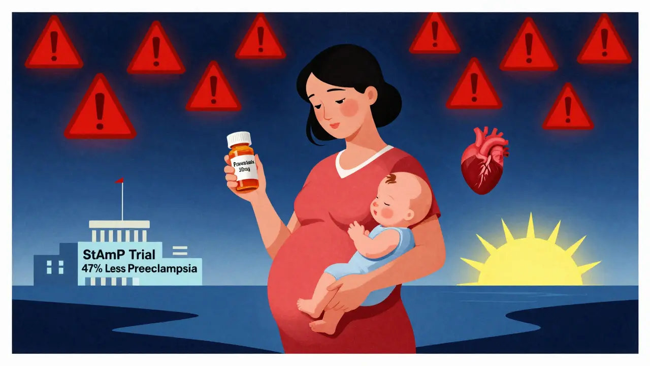 Pregnant woman holding baby and statin bottle, storm of warnings fading into sunlit hospital with preeclampsia reduction banner.