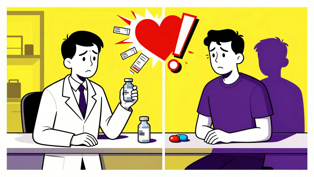 Psychiatrist and confused patient facing two different pills, with floating lab results spiraling out of control in stylized illustration.