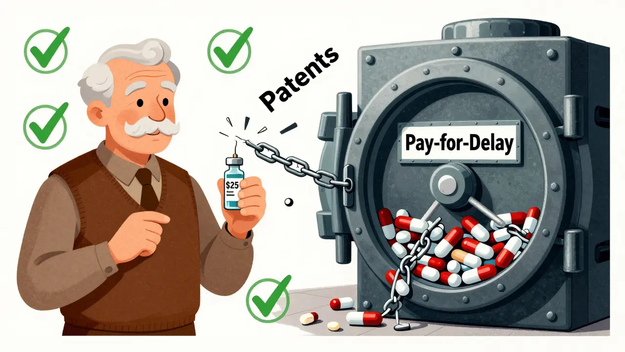 Senior holds affordable insulin vs. locked biosimilars, with broken patent chains.