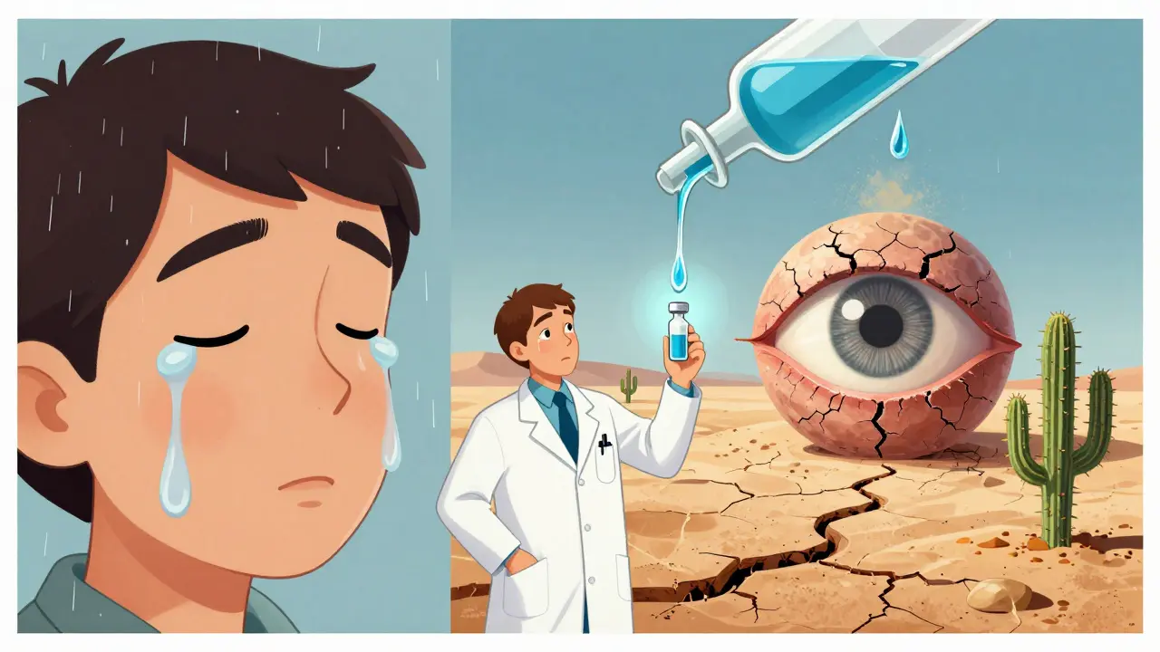 Split image: one side shows watery eyes, the other a dry desert eye with a single cactus; a doctor holds a lipid-replenishing vial as a cure.