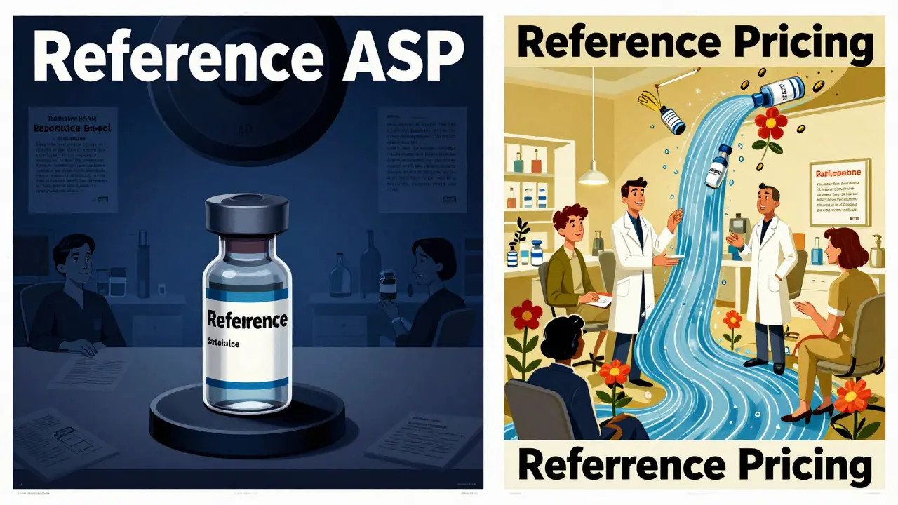 Split scene: U.S. clinic with trapped biosimilar vs. European clinic with flowing biosimilars and savings