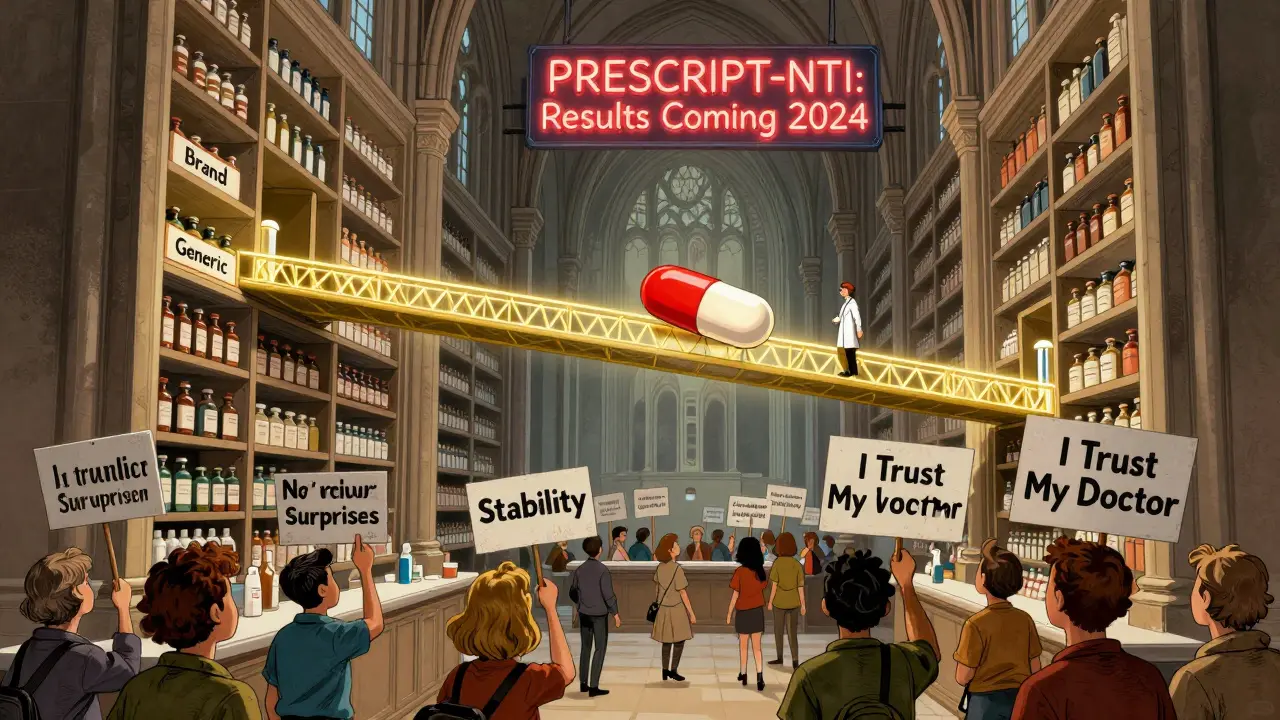 Towering pharmacy with a single pill crossing a golden bridge between brand and generic shelves, patients holding signs for stability.