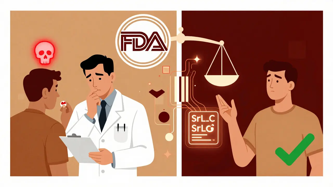 A doctor torn between risk and safety, with symbolic icons and an FDA scale above, in stylized poster art.