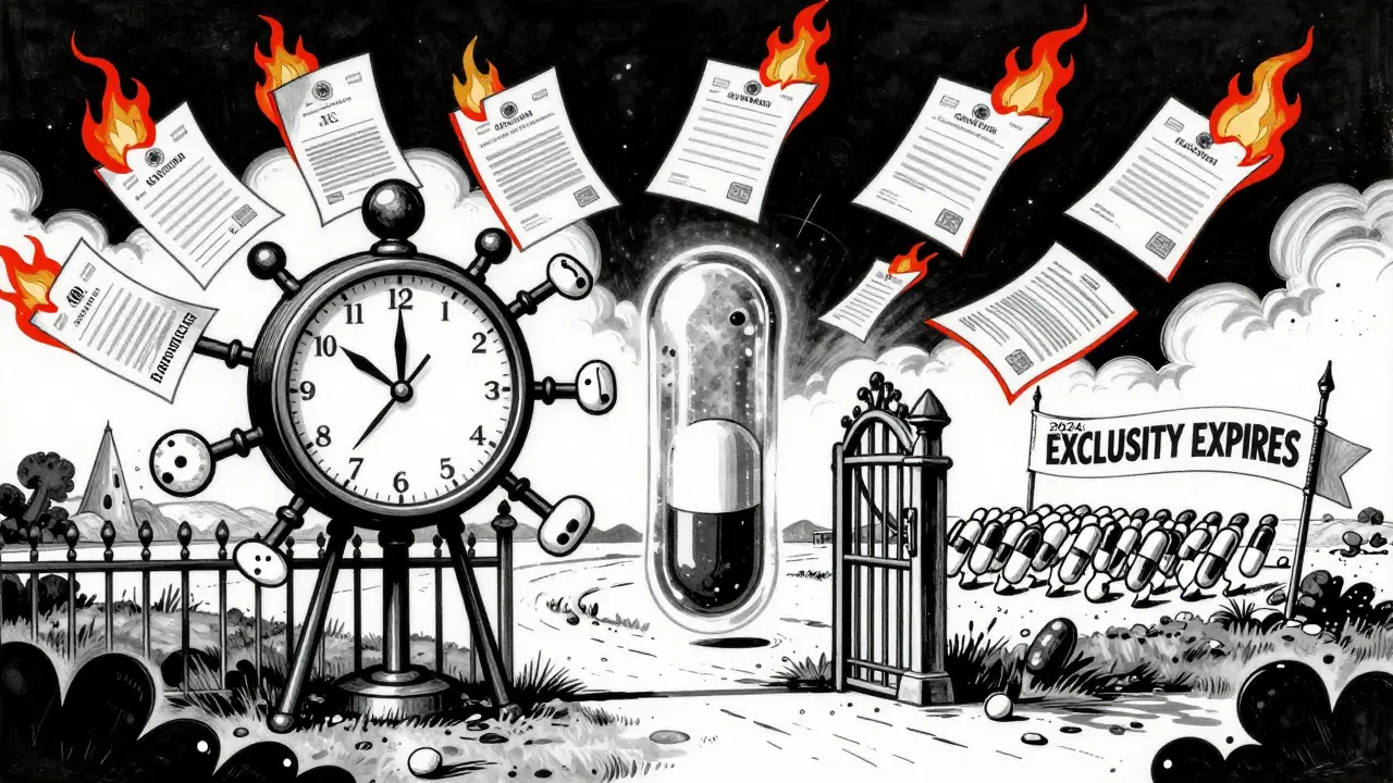 A giant FDA gate guarded by a multi-armed clock, with a floating pill and burning patents behind it.