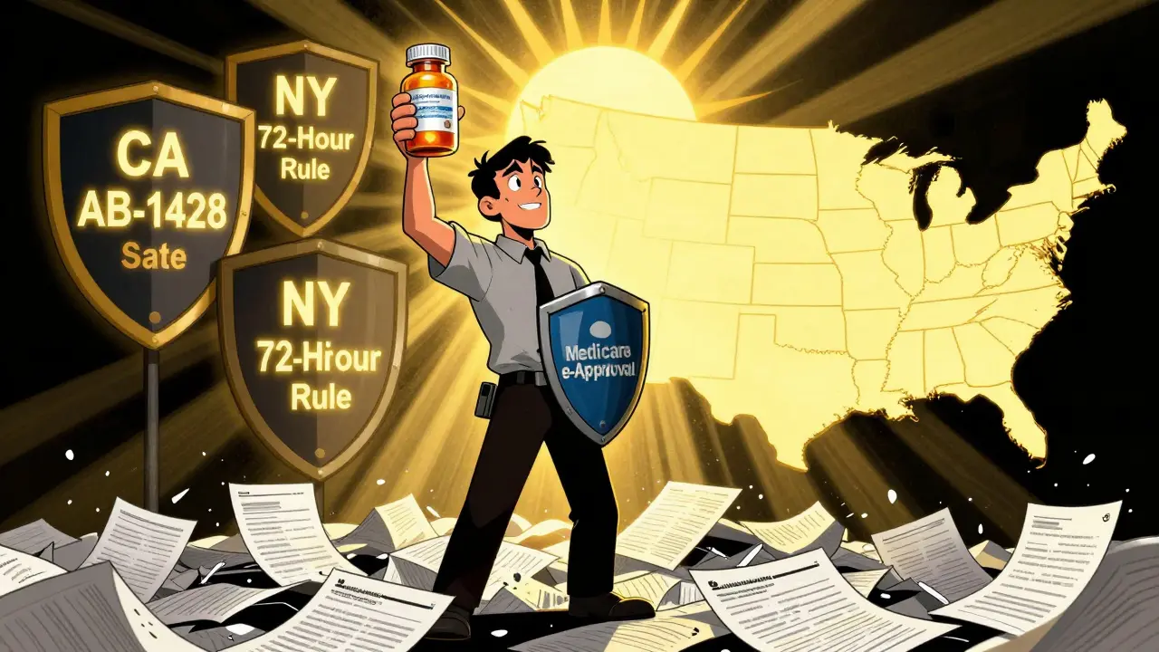 A patient standing victorious on shredded paperwork, shielded by state laws and a glowing U.S. map in stylized poster art.