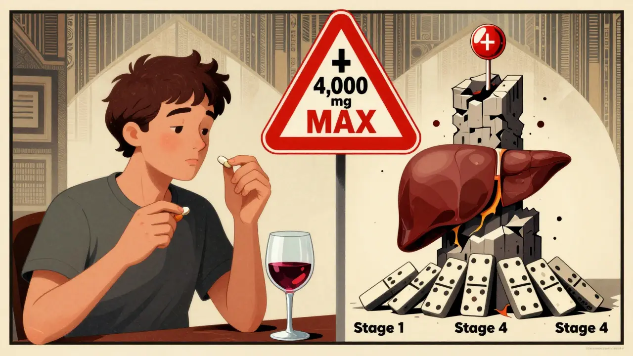 A person takes pills with wine while their liver crumbles in a parallel panel, with a bold '4,000 mg MAX' warning above.