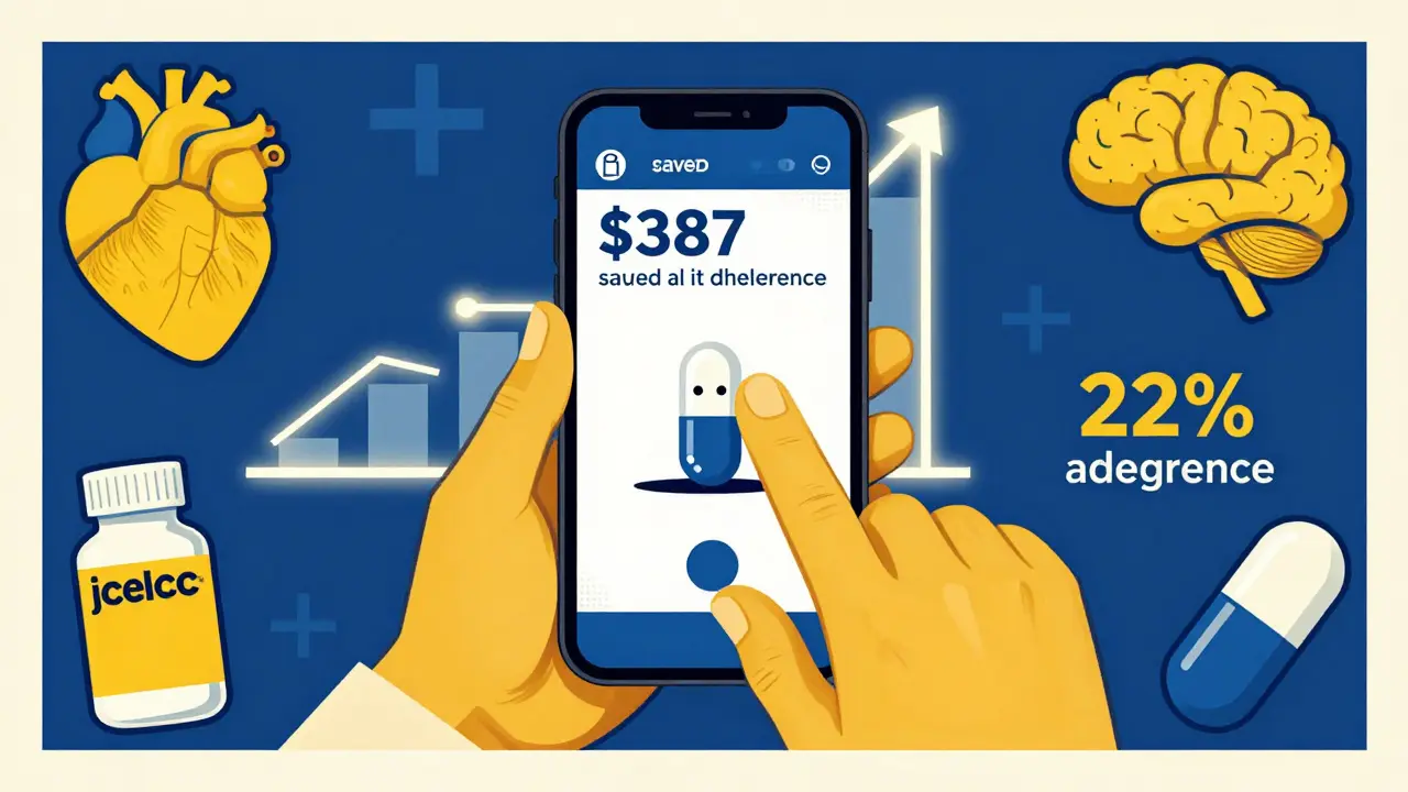 A person views a phone screen showing a pill transforming into different versions, with a savings graph in the background.