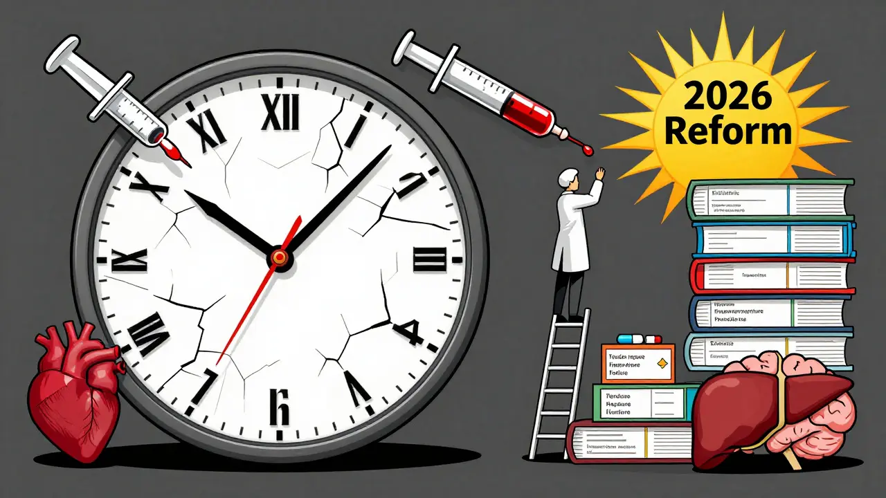 A surreal clock made of drug warnings, with syringe hands and a pharmacist climbing toward reform, in graphic poster style.