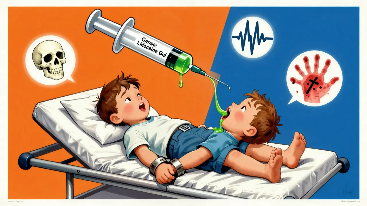 Child on gurney with giant syringe dripping toxic fluid, floating danger icons, Polish poster aesthetic