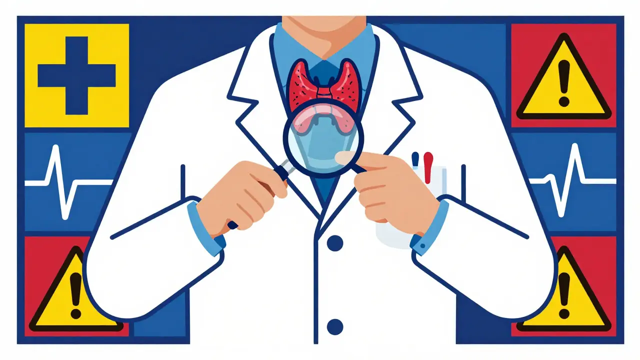 Doctor examining thyroid and heart monitor with magnifying glass and warning symbols