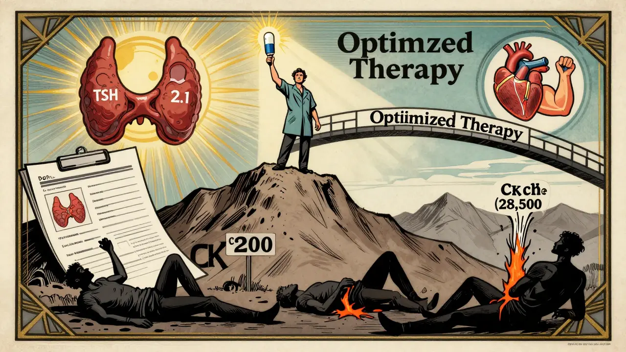 Patient holding CoQ10 torch atop lab reports, thyroid sun shining over bridge to heart and muscle