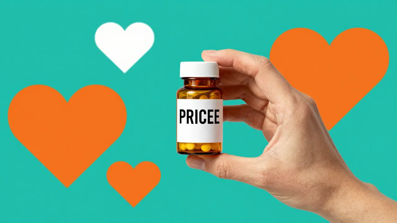 Patient holding pill bottle with reduced price and heart symbols