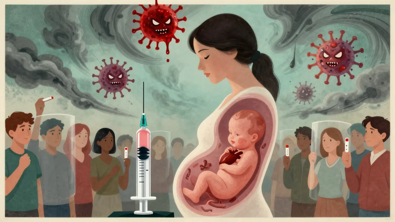 Pregnant woman with bacteria threatening fetus, protected by a syringe.