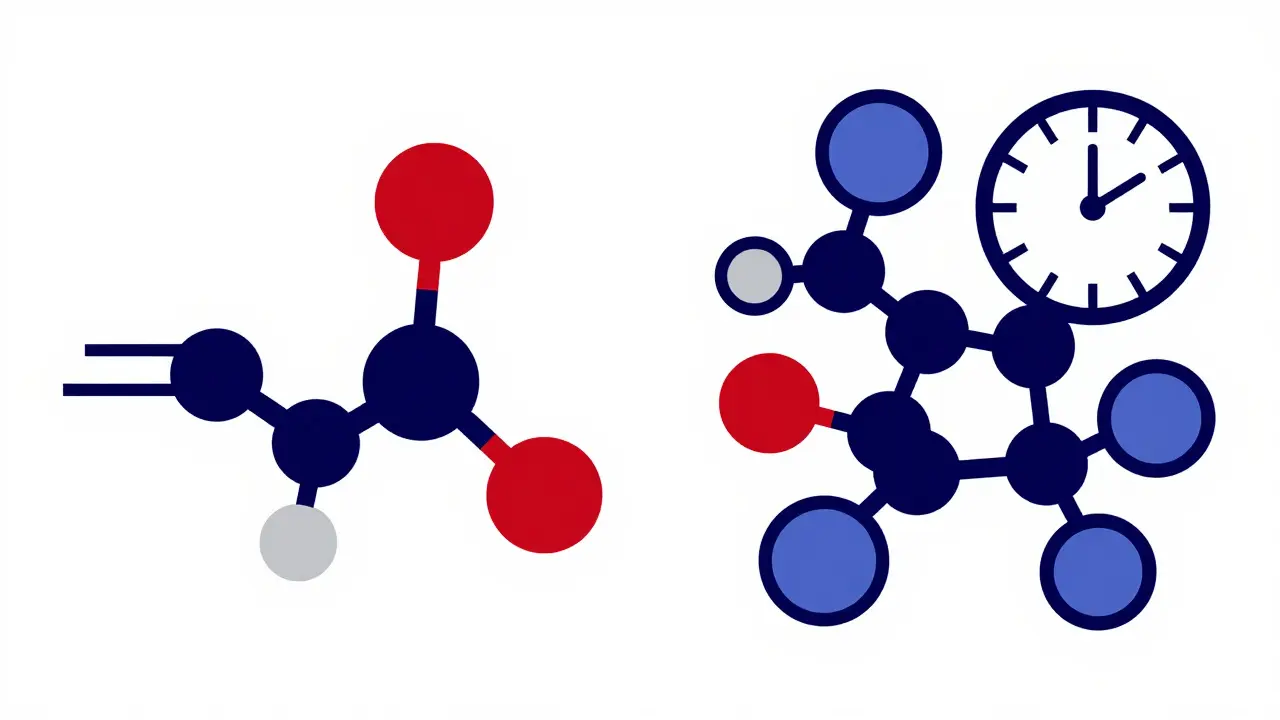 Split image: simple molecule with arrow vs complex biologic with clock