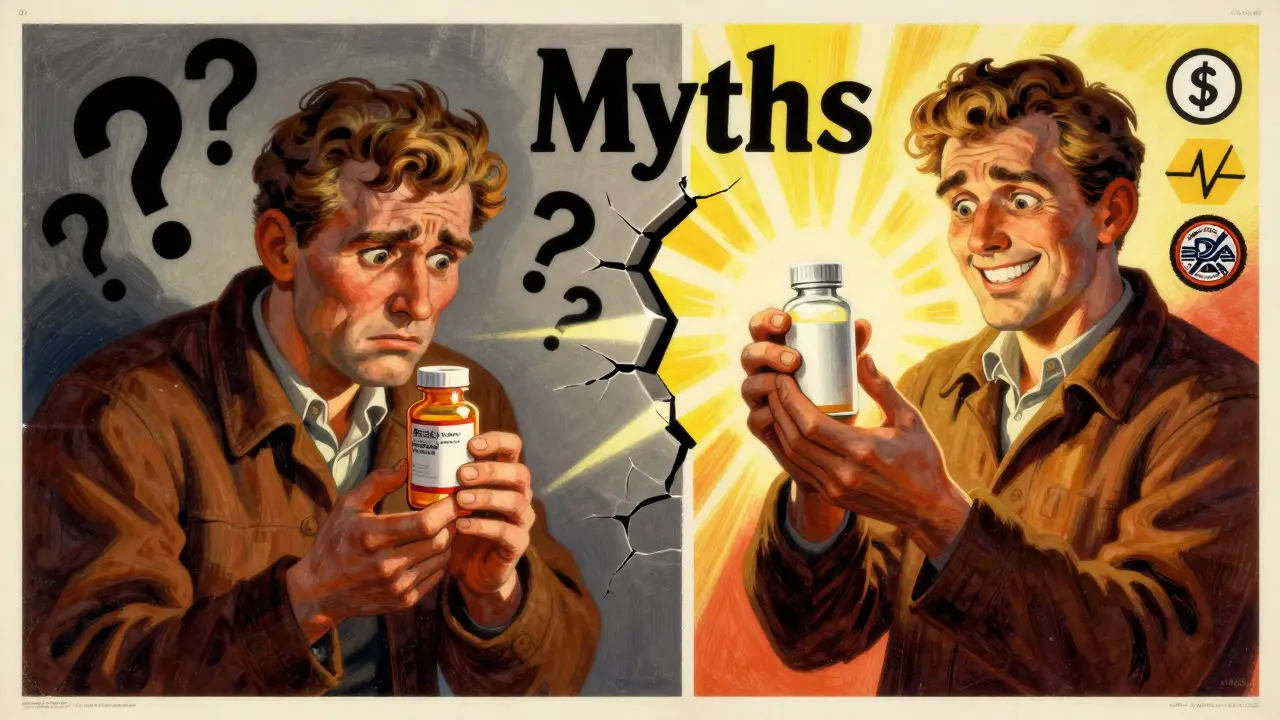 Split scene: worried patient with branded pill vs. smiling patient with generic pill as sunlight and FDA icons illuminate the right side.