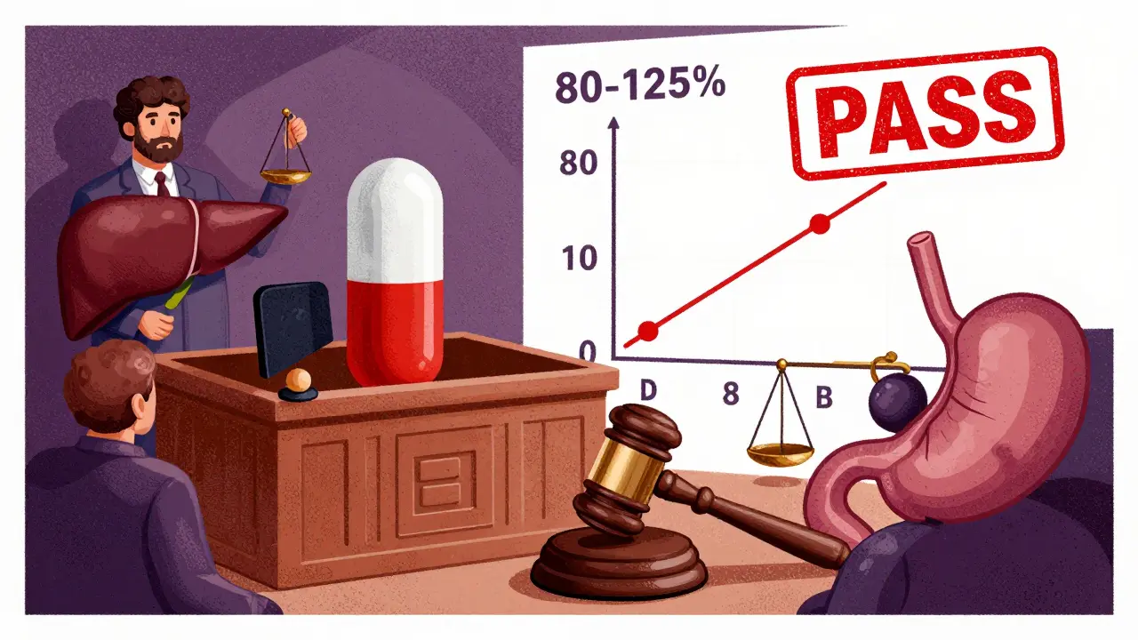 Surreal courtroom with pill on trial, judged by organs, 80-125% chart and 'PASS' stamp in background.