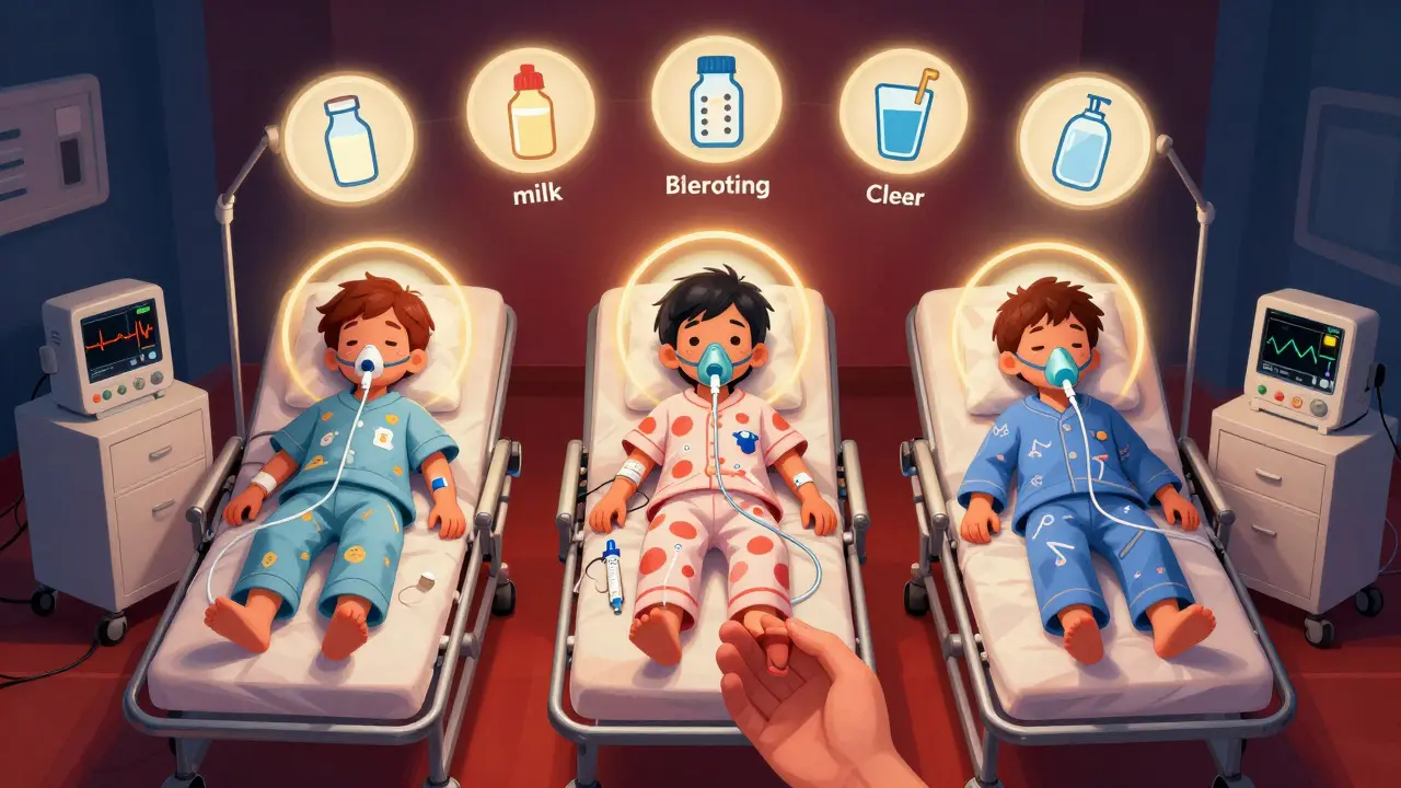 Three children on gurneys under different sedation types, surrounded by icons of fasting rules and monitoring devices in a stylized medical setting.