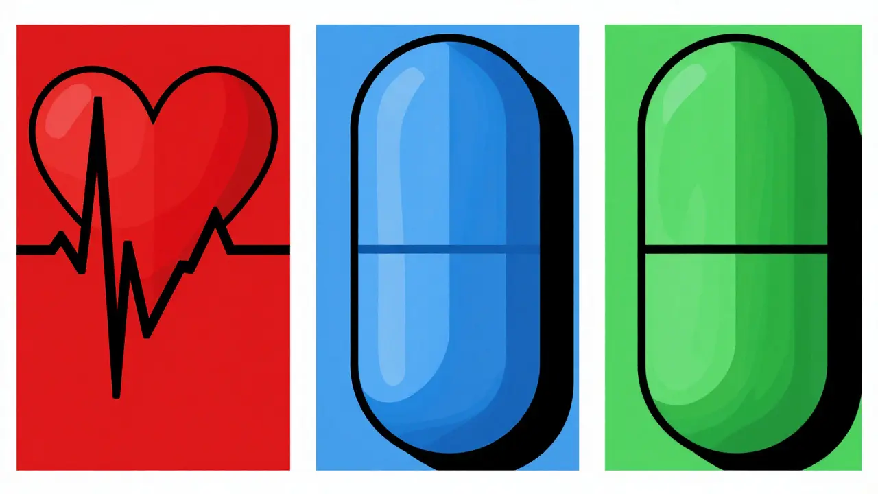 Three panels showing stimulant medications' cardiac effects with geometric symbols