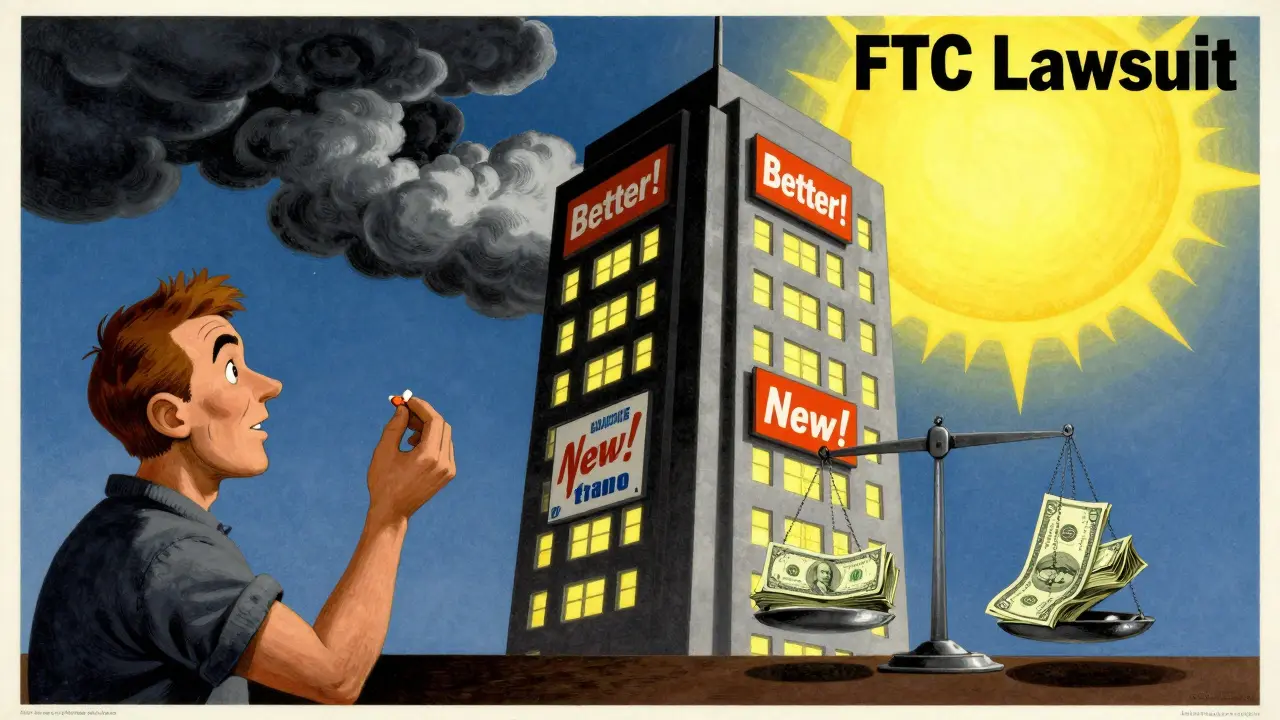 A patient holds an affordable pill beneath a towering branded drug skyscraper, with ads and dollar bills dominating the scene.