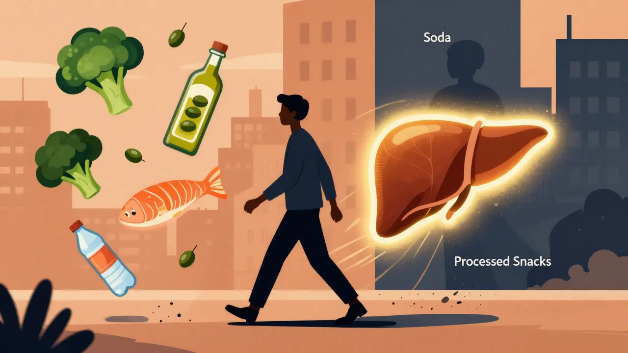 A person walking past crumbling junk food, with a glowing healthy liver as their shadow.