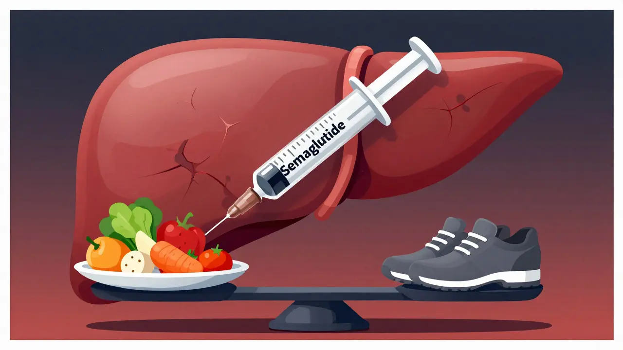 A scale balancing medication beside whole foods and shoes, with a healing liver in the background.