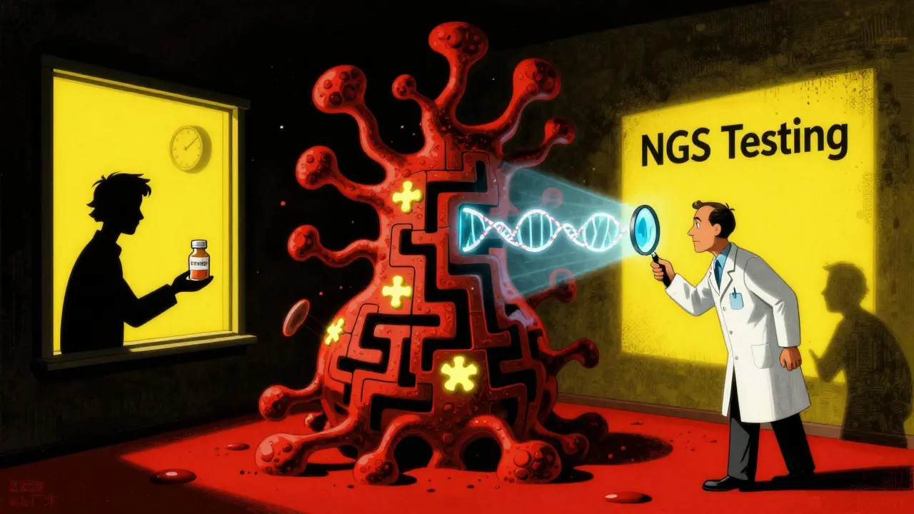 A tumor shaped like a puzzle with only a few targetable pieces glowing, beside a scientist and a high-cost pill bottle.