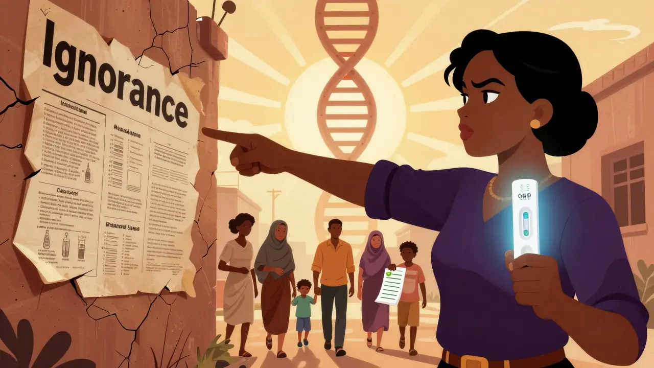 A woman holding a G6PD test kit, pointing at a crumbling wall of medical ignorance, as others walk toward light.