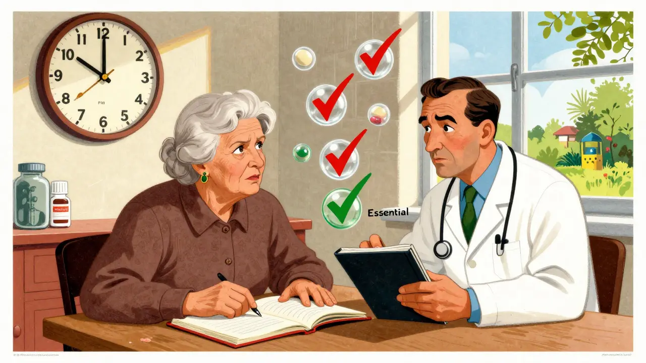 An elderly woman and her care team reviewing medications, with pills being removed from a list.