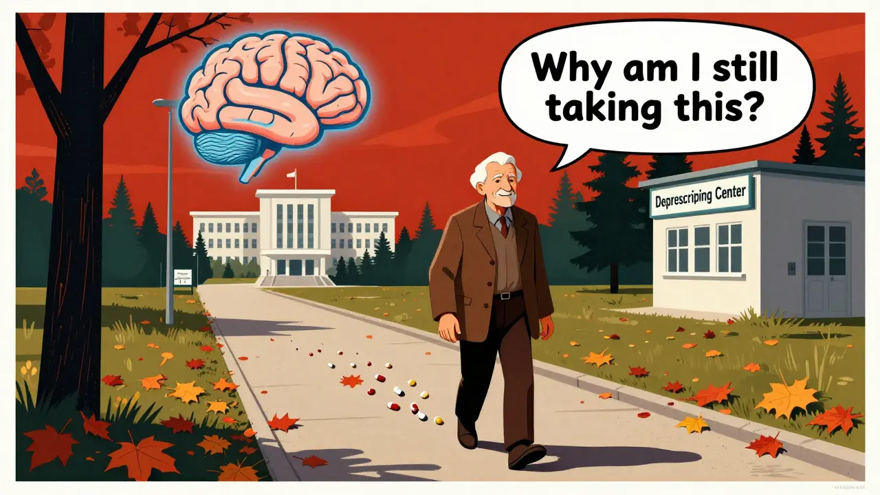 An older adult walking freely, leaving behind discarded pills as they transform into leaves.