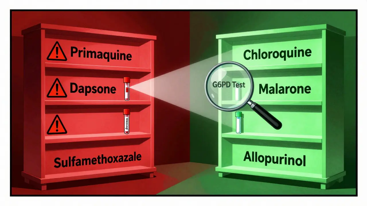 Contrasting pharmacy shelves: dangerous drugs in red, safe alternatives in green, with a glowing G6PD test.