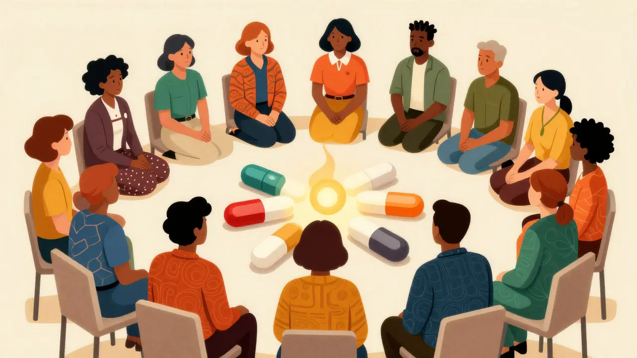 Diverse group sharing stories in a supportive circle