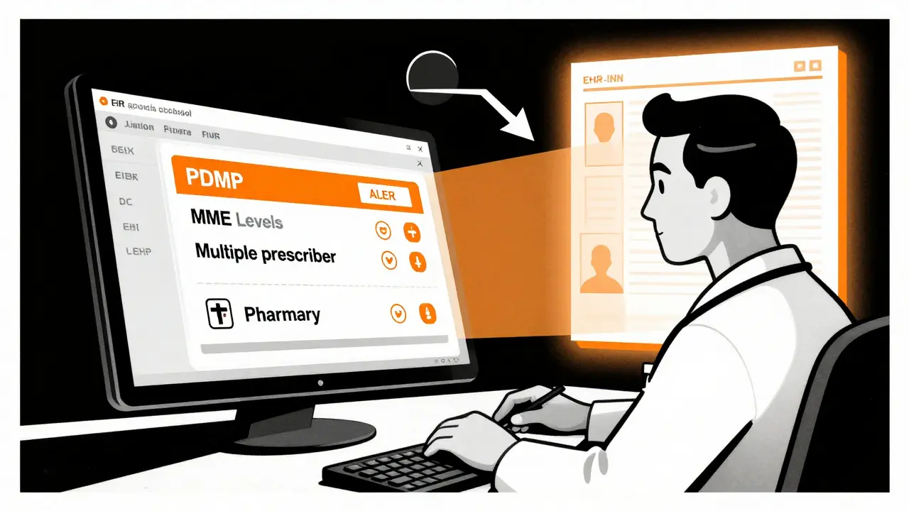 EHR screen displaying real-time PDMP data with warning alerts during patient consultation.