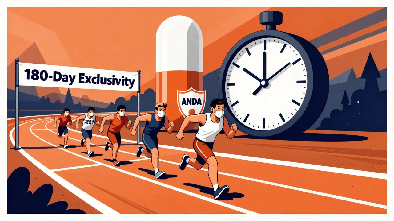 Generic drug companies racing toward 180-day exclusivity finish line, brand pill blocking path in Polish poster style.