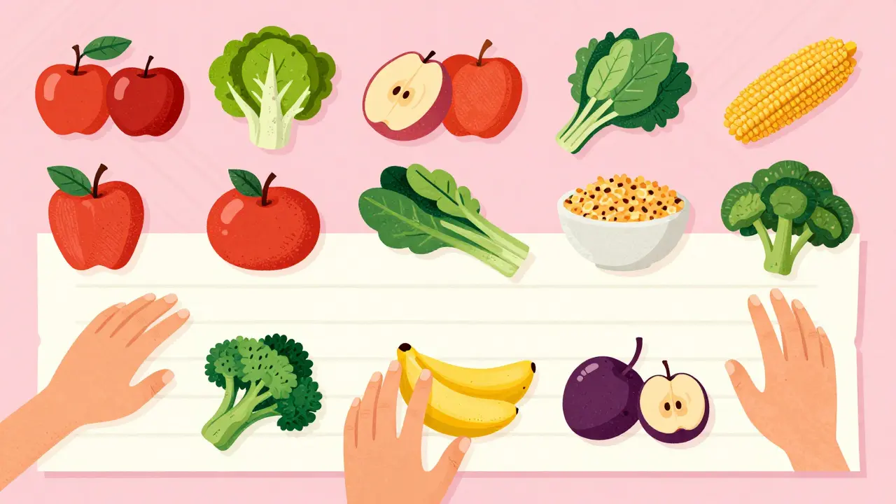 Geometric food items floating over blank shopping list