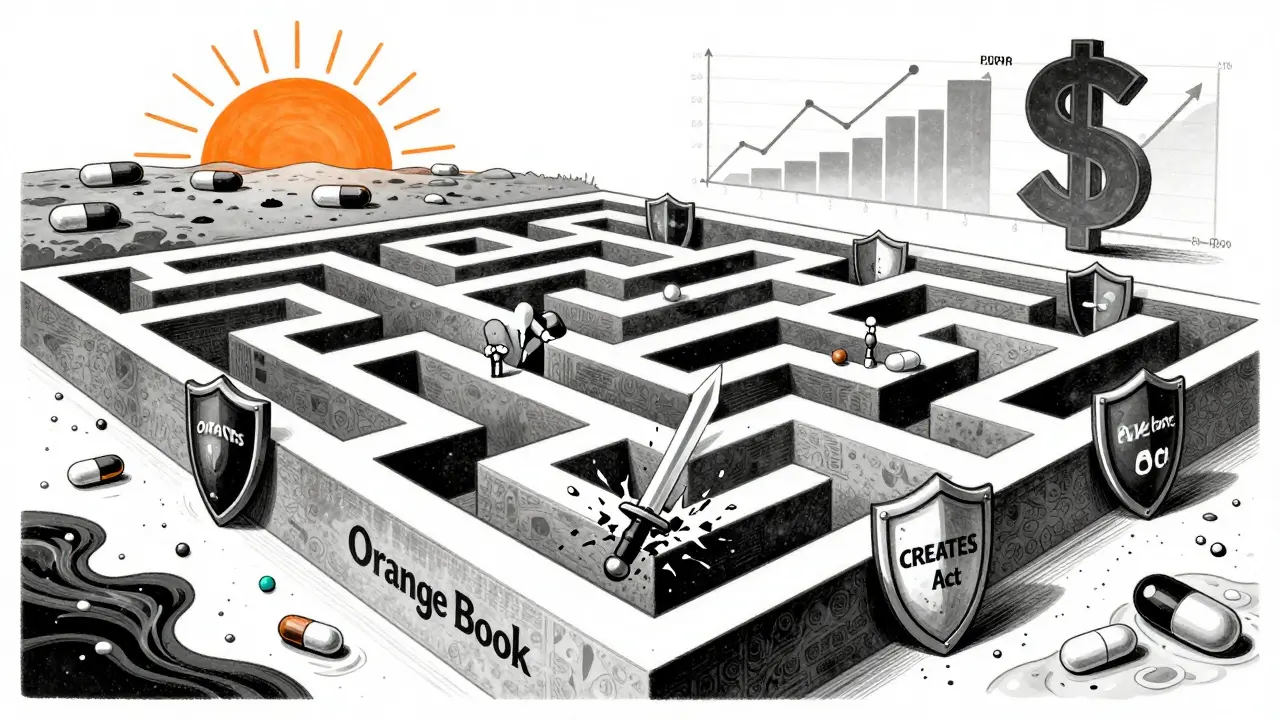 Labyrinth of patents trapping generic pills, one breaking through with CREATES Act sword in Polish poster style.