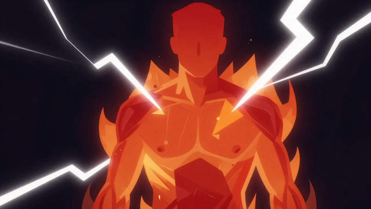 Silhouette showing chemical overload with fiery geometric shapes.