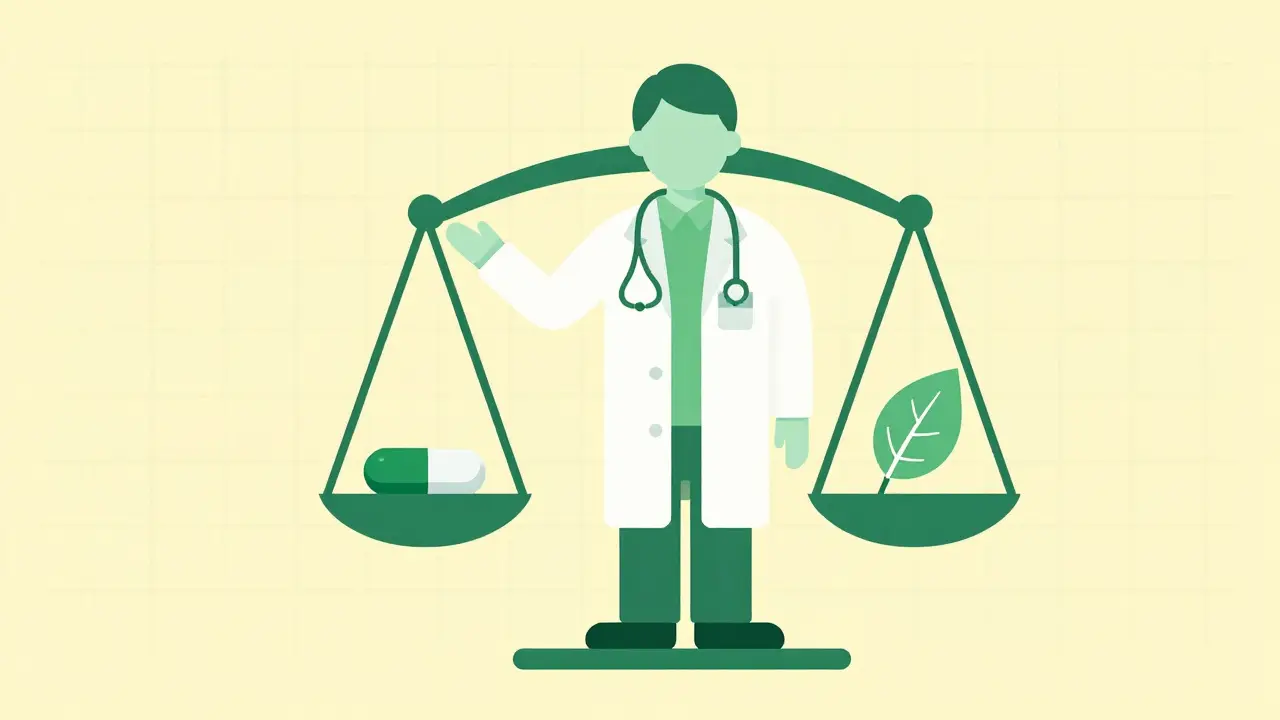 Stylized doctor balancing medicine and nature on a scale.