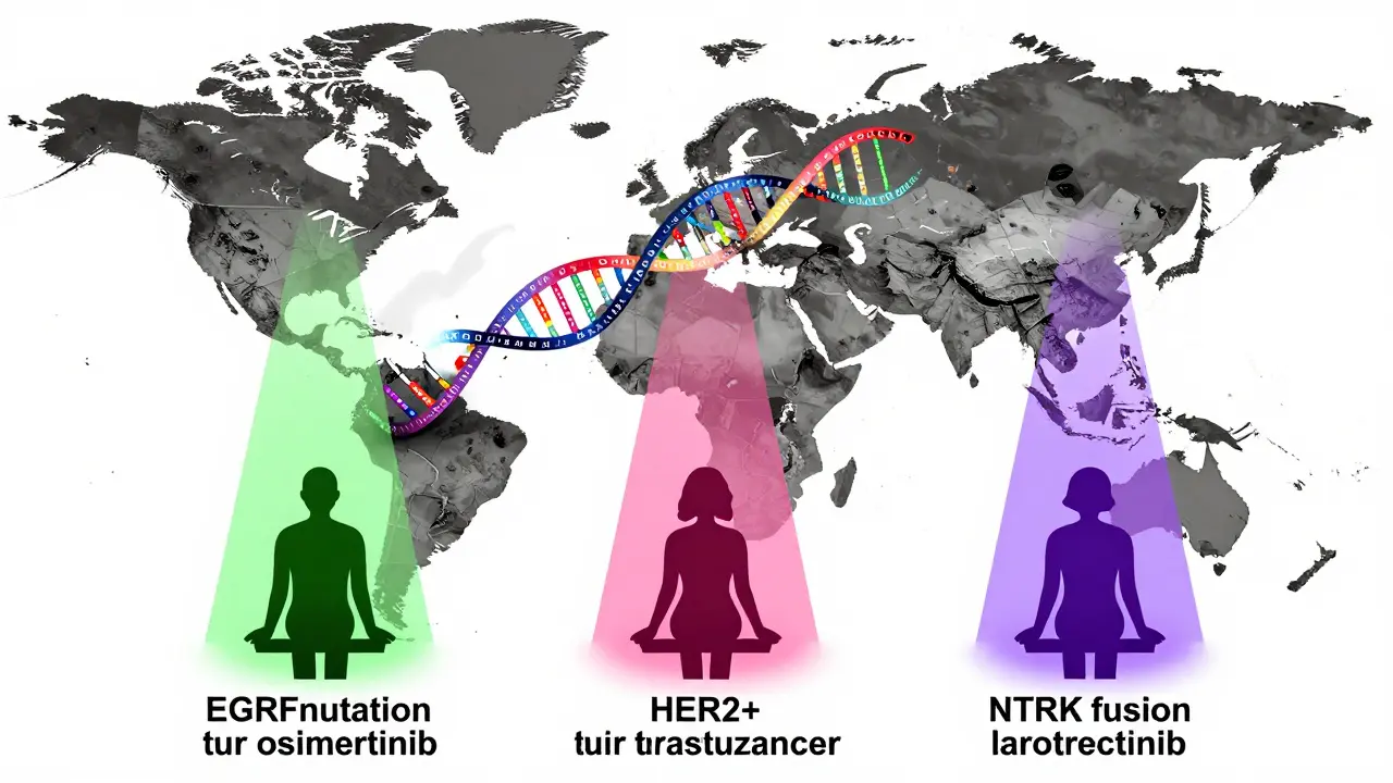 Three patients illuminated by colored light beams representing different genetic mutations and targeted therapies.