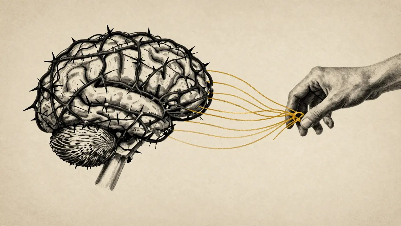 A brain transitioning from tangled dark wires to flowing golden lines.